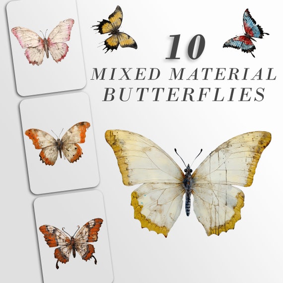 Mixed Media Whimsical Butterflies, Commercial Use, Whimsical Graphics, Quirky Clipart, PNG Pack of 10, Butterfly Clipart, Junk Journals Art