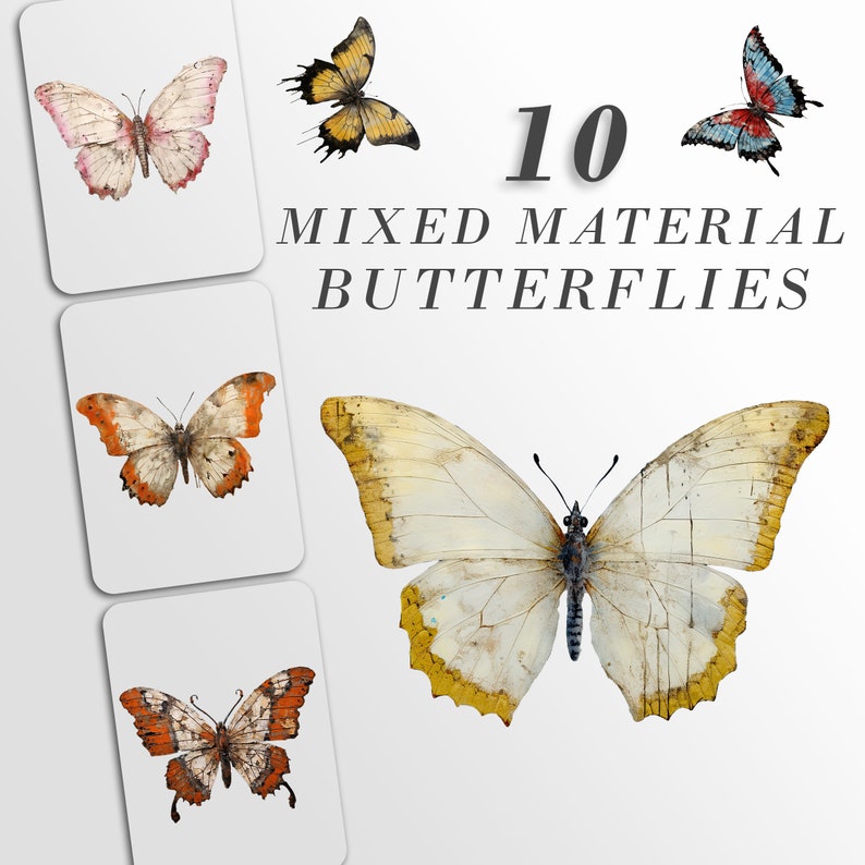 Puede incluir: Diez mariposas de materiales mixtos, incluyendo una mariposa amarilla con marcas negras, una mariposa rosa con marcas negras, una mariposa azul con marcas negras, una mariposa blanca con marcas amarillas y una mariposa marr&oacute;n con marcas naranjas. Las mariposas est&aacute;n dispuestas en un collage sobre un fondo blanco.
