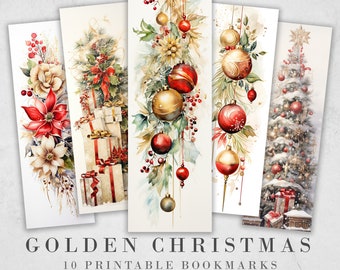 10 Golden Christmas Printable Bookmarks | Digital Download JPG Bookmark Sheets| PNG bookmark sublimation| Bookmark set| Luxury Xmas Graphics