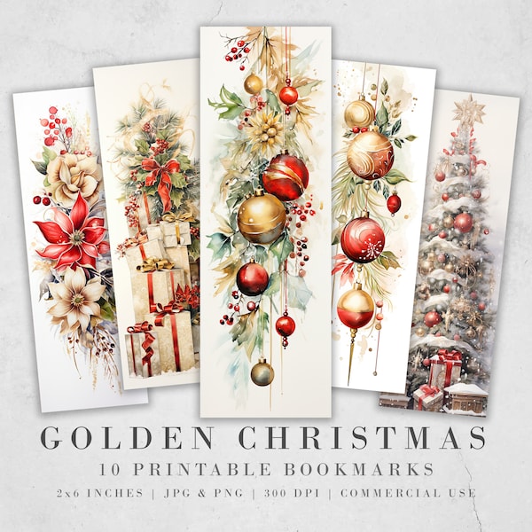 10 Golden Christmas Printable Bookmarks | Digital Download JPG Bookmark Sheets| PNG bookmark sublimation| Bookmark set| Luxury Xmas Graphics