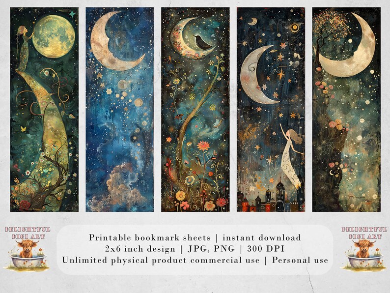 Utskrivbara bokmärken med himmelsk dröm | Bokmärken med drömtema | 3 JPG-ark | Sublimering av PNG-bokmärken | Nyckfull scrapbooking DIY-presentidé bild 7