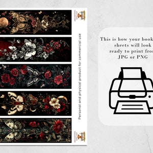 May include: Five printable bookmark designs featuring black and gold butterflies with red and white flowers on a dark background. The text "Personal and physical product for commercial use." is on the right side of the image. The text "This is how your bookmark sheets will look ready to print from JPG or PNG" is on the right side of the image. A printer icon is below the text.