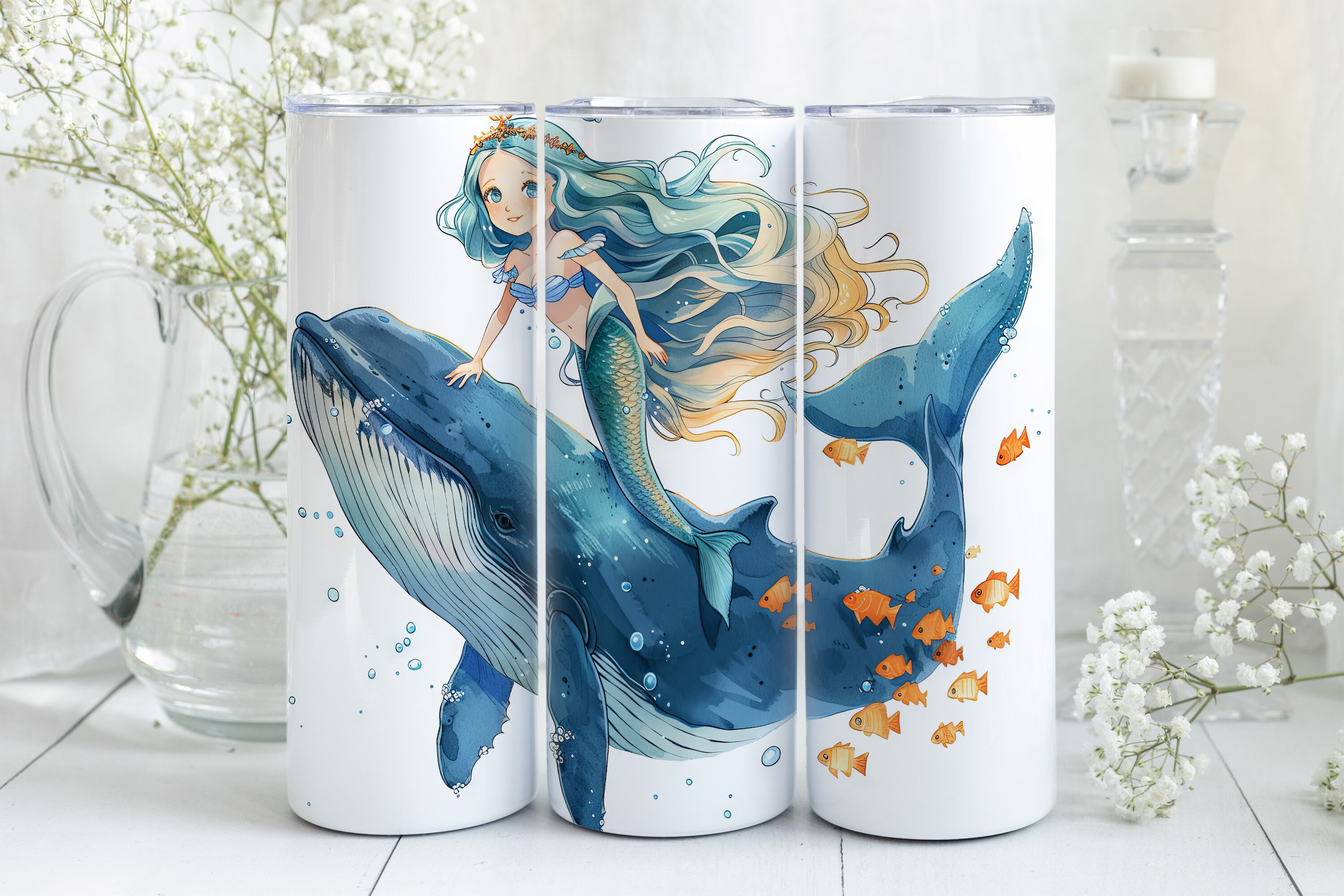 20oz Skinny Tumbler Kids Mermaid Design, Mermaid and Whale Under Sea ...