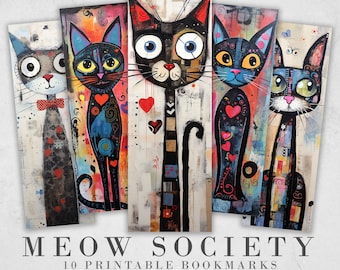 Meow Society Printable Bookmarks| 10 Quirky Mixed Media Cat Bookmark Sheets| PNG bookmark sublimation| Whimsical Cat Digital Bookmarks