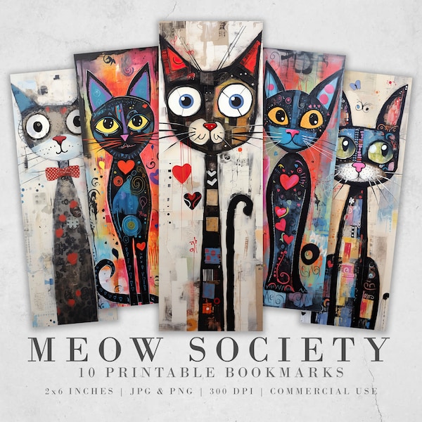 Meow Society Lesezeichen zum Ausdrucken | 10 schrullig Mixed Media Lesezeichen Blatt| PNG Lesezeichen Sublimation | Skurrile Katzen Lesezeichen