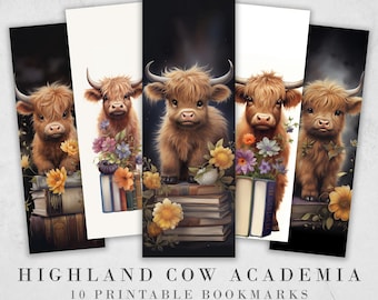 10 Watercolor Highland Cow Printable Bookmarks | Digital Download JPG Bookmark Sheets | PNG bookmark sublimation | Calf bookmark set | Gift