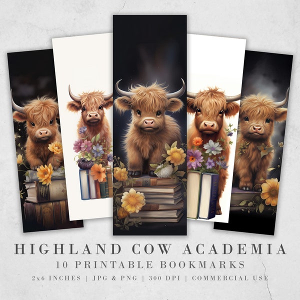 10 Watercolor Highland Cow Printable Bookmarks | Digital Download JPG Bookmark Sheets | PNG bookmark sublimation | Calf bookmark set | Gift