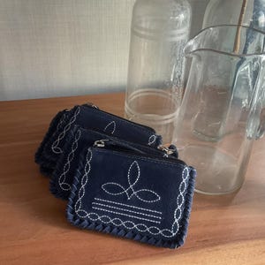 May include: Three blue suede coin purses with white stitching in a decorative pattern. The purses have a zipper closure.