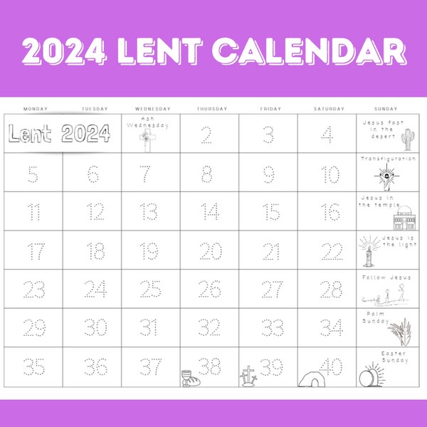 Lent Calendar 2024 - Trace and Color Lent Countdown Holy Week Activities