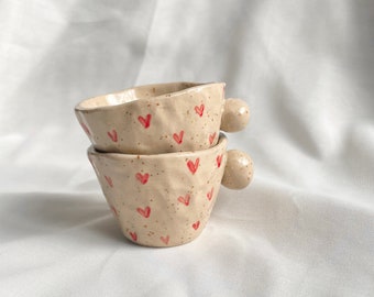 Handmade espresso cups with red hearts | Set | pottery | stoneware | Ceramics