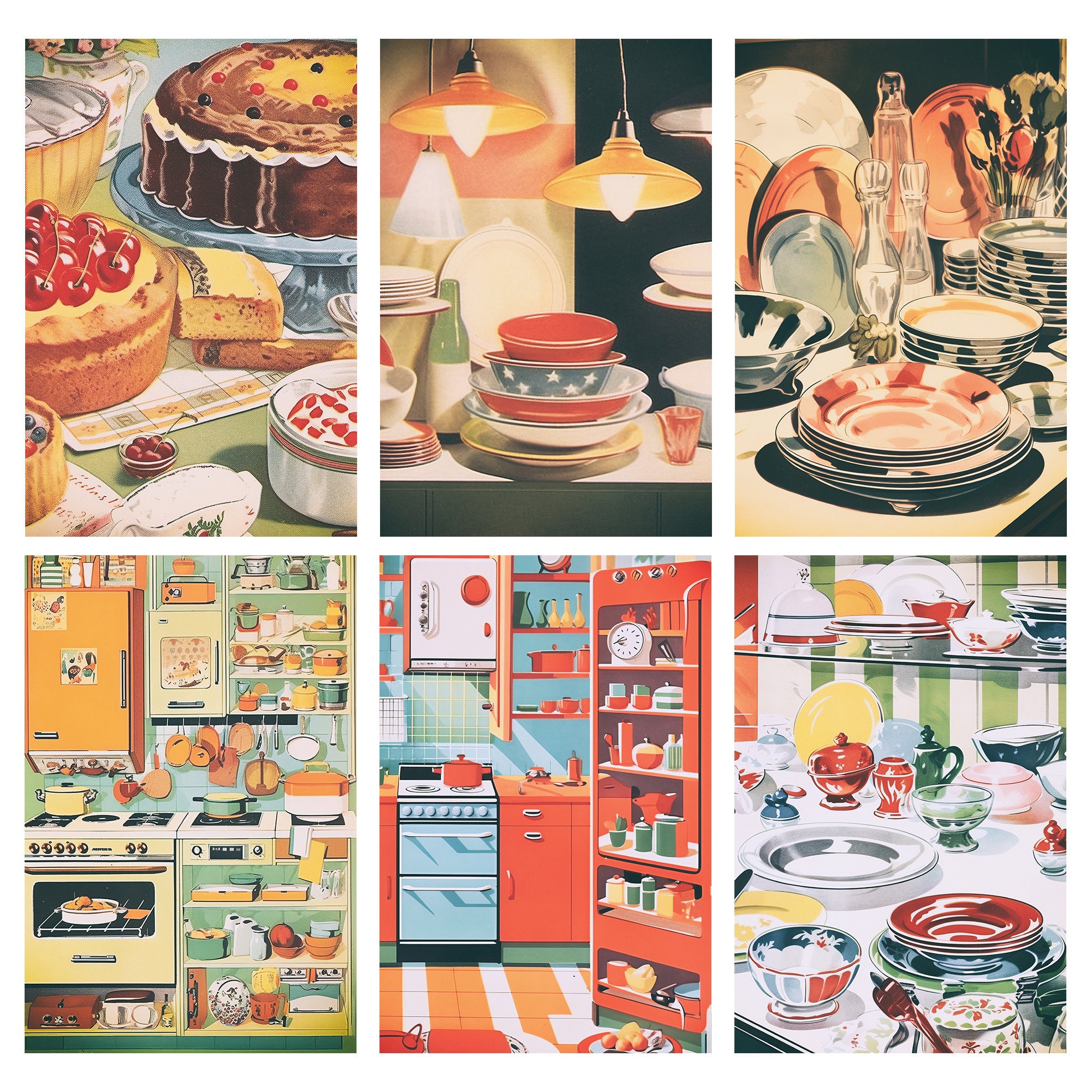 retro kitchen prints, set of 3, food wall art (digital... Vintage Posters | Kitchen Food Dishes Kitchen Equipment | Downloadable ...