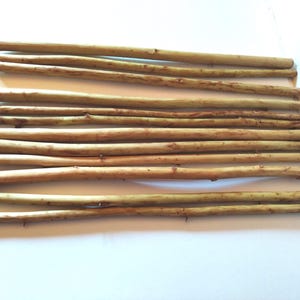 May include: A collection of thin, natural-colored wooden dowels arranged on a white surface. The dowels vary slightly in thickness and have a smooth, cylindrical shape, ideal for craft projects or decorative purposes.