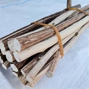 Pode incluir: Um feixe de paus de madeira, em tons de castanho e bege, amarrados com um elástico bege. As extremidades cortadas dos paus revelam o grão da madeira. Os paus têm aproximadamente 15 cm de comprimento.