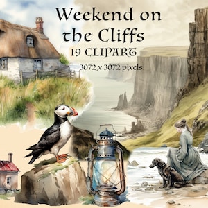 Puede incluir: Conjunto de clipart de acuarela que presenta una cabaña con techo de paja, un faro, un frailecillo, una linterna, una mujer sentada en una roca con un perro y un paisaje de acantilados. El conjunto incluye 19 imágenes de clipart y tiene 3072 x 3072 píxeles.