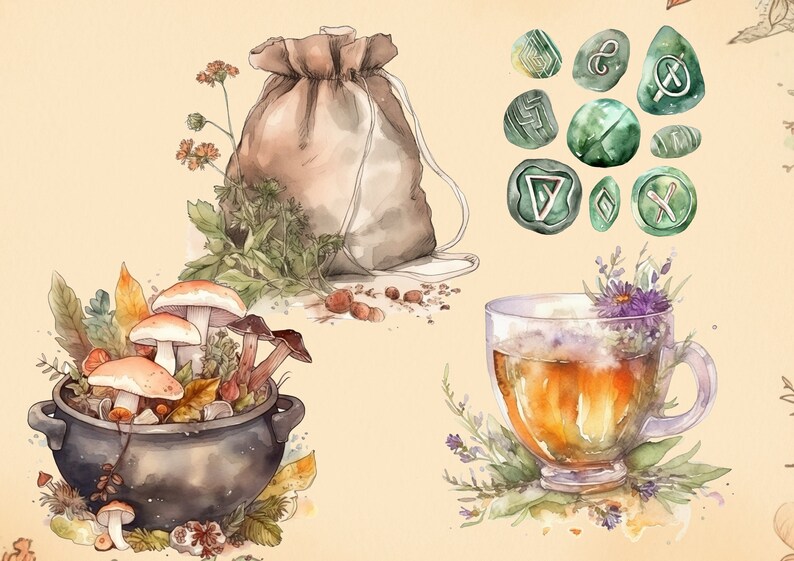 Pu&ograve; includere: Un'illustrazione ad acquerello di un calderone pieno di funghi, un sacco di iuta, una tazza di t&egrave; alle erbe e pietre verdi con rune intagliate su di esse. L'illustrazione ha un'atmosfera fantasiosa e magica.