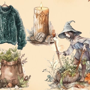Pu&ograve; includere: Un'illustrazione ad acquerello di una strega con un cappello a punta, che tiene un bastone e sta in piedi in un giardino con una grande zucca. Sullo sfondo ci sono una candela, un sacchetto di erbe e un maglione verde.