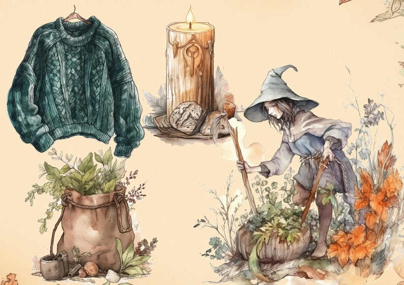 Pu&ograve; includere: Un'illustrazione ad acquerello di una strega con un cappello a punta, che tiene un bastone e sta in piedi in un giardino con una grande zucca. Sullo sfondo ci sono una candela, un sacchetto di erbe e un maglione verde.