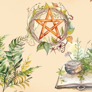 Pu&ograve; includere: Illustrazione ad acquerello di un pentagramma circondato da una ghirlanda di foglie e viti, un libro con un vaso di erbe sopra e una felce.