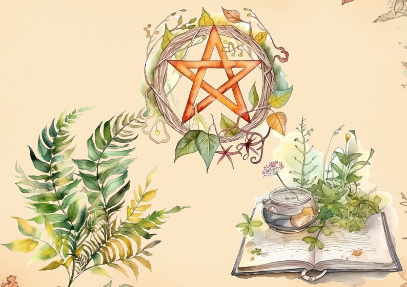 Pu&ograve; includere: Illustrazione ad acquerello di un pentagramma circondato da una ghirlanda di foglie e viti, un libro con un vaso di erbe sopra e una felce.