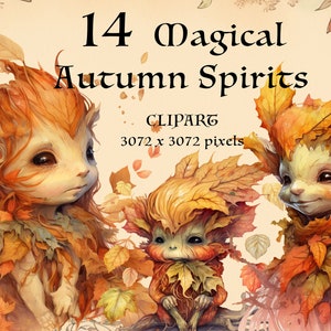 14 magische herfstgeesten PNG. Fantasiefee voor de herfst. Mabon Samhain Wicca hekserij Clipart. Folklore magische kunst. Fantasie wezens.