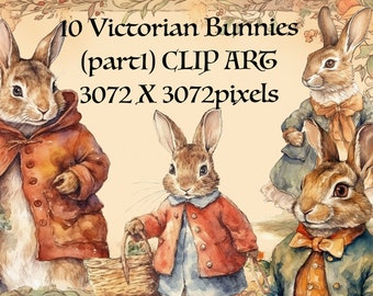 10 Victorian Bunnies PNG (PART1)  Beatrix Potter style. Fairytale . Cottagecore Instant download Clipart. Full Commercial Use