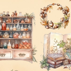 Pu&ograve; includere: Un'illustrazione ad acquerello di un armadio di legno con ripiani pieni di bottiglie e barattoli di vetro. C'&egrave; un libro con una pianta in un vaso di vetro e una ghirlanda di foglie e ghiande.