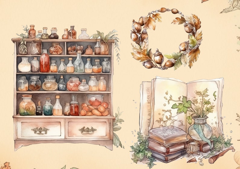 Pu&ograve; includere: Un'illustrazione ad acquerello di un armadio di legno con ripiani pieni di bottiglie e barattoli di vetro. C'&egrave; un libro con una pianta in un vaso di vetro e una ghirlanda di foglie e ghiande.