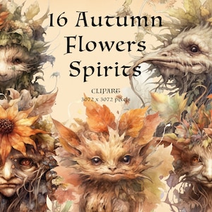 16 Herfstbloemen Geesten PNG. Fantasiefee voor de herfst. Mabon Samhain Wicca hekserij Clipart. Folklore magische kunst. Fantasiewezens.