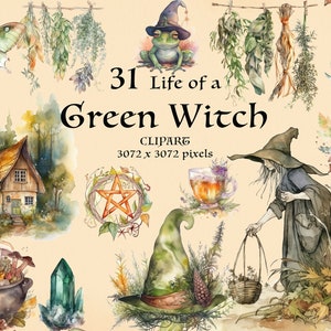 Pu&ograve; includere: Un'illustrazione ad acquerello di una strega verde con un cesto di erbe, un pentagramma, una rana, un cottage, funghi, un cristallo e un cappello da strega. Il testo recita "31 Life of a Green Witch CLIPART 3072 x 3072 pixels".