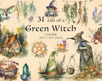 31 Life of a Green Witch PNG.  Witchcraft, Wicca Pagan Clipart. Herbology , garden, magic. Instant download fantasy pagan bundle.