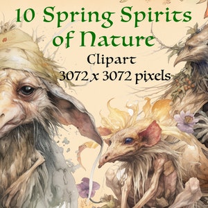 May include: A digital illustration of 10 Spring Spirits of Nature clipart. The image features three whimsical creatures with intricate details and a soft color palette. The creatures are surrounded by flowers and foliage, creating a magical and enchanting scene.