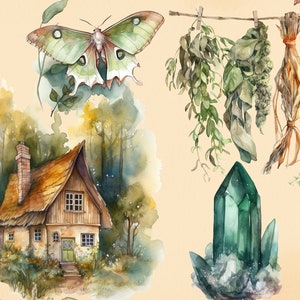 Pu&ograve; includere: Dipinto ad acquerello di un cottage in un bosco con una falena verde che vola sopra. Ci sono anche erbe essiccate appese a uno stenditoio e un grande cristallo verde.