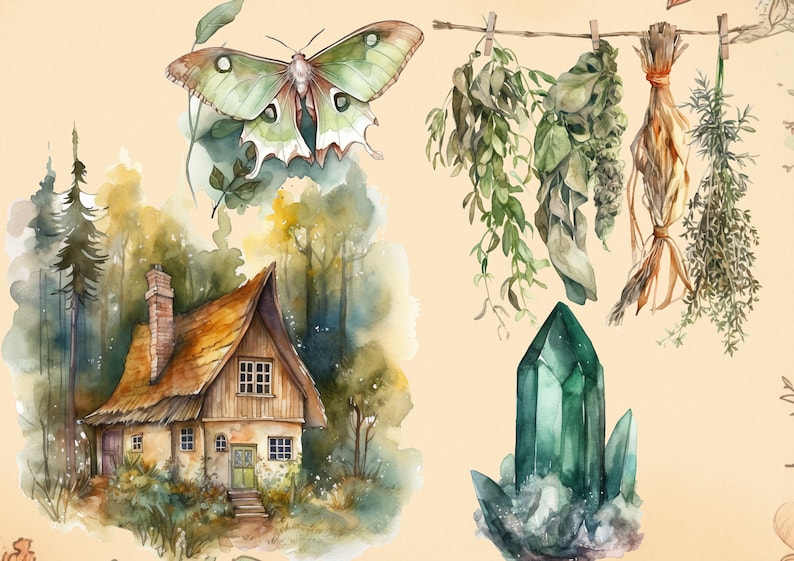 Pu&ograve; includere: Dipinto ad acquerello di un cottage in un bosco con una falena verde che vola sopra. Ci sono anche erbe essiccate appese a uno stenditoio e un grande cristallo verde.