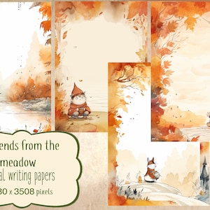 以下が含まれることがあります： 川、木々、そして4匹のかわいい動物のキャラクターが描かれた水彩画のイラストが4枚のデジタルペーパーです。画像の下には「4 Friends from the meadow digital writing papers 2480 x 3508 pixels」というテキストがあります。