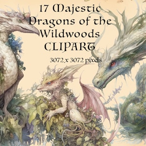 17 majestueuze Dragons of Wildwoods in pastel PNG. Fantasie. Bundel. Fantastische wezens. Bloemen. Clipart direct downloaden