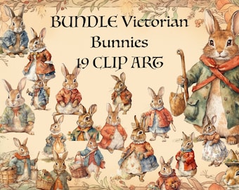 PAKET Viktorianska kaniner PNG (del 1+2 tillsammans) Beatrix Potter-stil. Omedelbar nedladdning av clipart i Cottagecore. Full kommersiell användning.