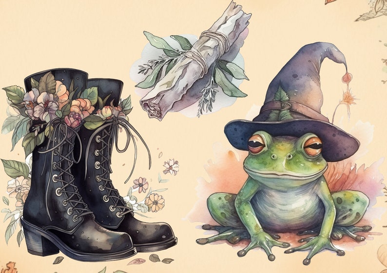 Pu&ograve; includere: Un'illustrazione ad acquerello di una rana che indossa un cappello da strega, un paio di stivali neri con decorazioni floreali e un fascio di salvia. L'illustrazione &egrave; su uno sfondo beige chiaro.