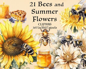 May include: A digital clipart set of 21 watercolor illustrations featuring bees and summer flowers. The set includes a sunflower, a dandelion, a white flower, a jar of honey, a honeycomb, a pie, and a candle. The clipart is 3072x3072 pixels.
