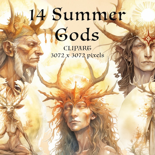 14 Summer Sun God PNG. Litha. Witchcraft, Wicca Summer Solstice Clipart. Cernunnos. Horned God. Instant download fantasy pagan bundle.
