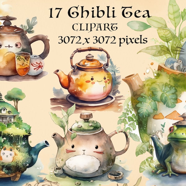 17 Ghibli tea Clipart Bundle. PNG Forest Cottagecore anime PNG. Watercolour Instant Digital Download.