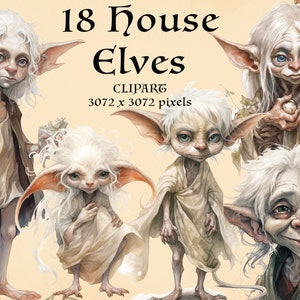 May include: Watercolor illustration of 18 house elves. The elves have large ears, white hair, and are dressed in neutral-colored clothing. The image includes the text "18 House Elves" and "Clipart". The image is 3072 x 3072 pixels.