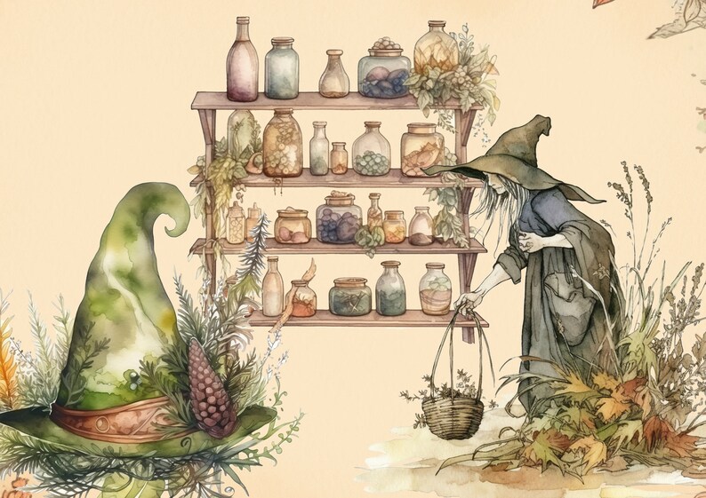 Pu&ograve; includere: Un'illustrazione ad acquerello di una strega con un cappello verde e un cesto di erbe. &Egrave; in piedi davanti a uno scaffale di legno con molti barattoli di pozioni e ingredienti. Lo sfondo &egrave; di colore beige chiaro.