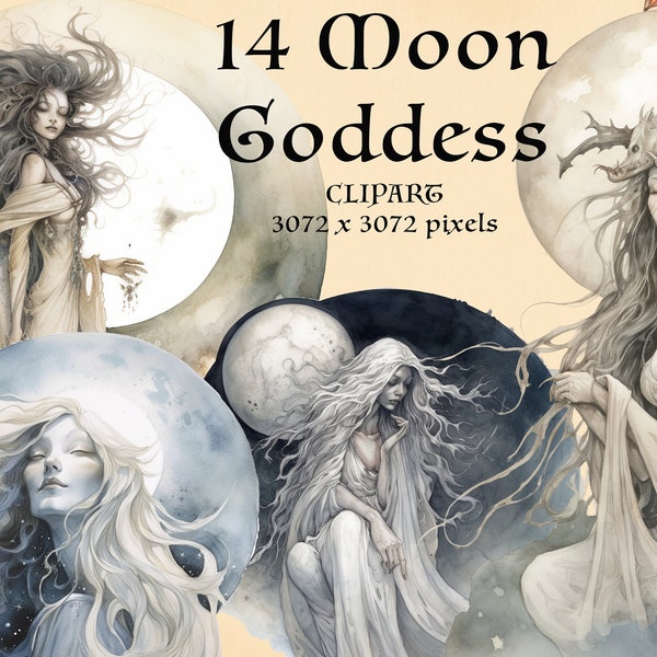 14 Moon Goddess PNG. Esbat. Witchcraft, Pagan Clipart. Wicca.  Instant download fantasy  bundle.