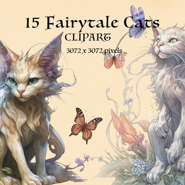 15 Fairytale cats PNG. Fantasy. Magic Cat. Fairy.  Butterfly. cat lover. Instant Download Clipart