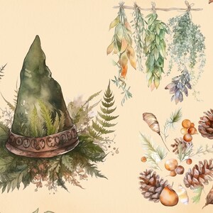 Pu&ograve; includere: Un'illustrazione ad acquerello di un cappello da strega verde con un bordo marrone, circondato da felci e altre piante verdi. L'illustrazione include anche una collezione di pigne, ghiande e altri elementi del bosco.