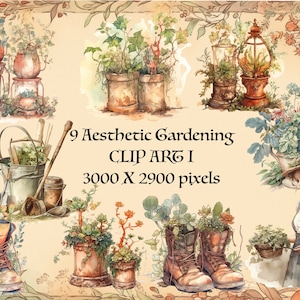 9 Aesthetic Gardening Cottagecore PNG. Akwarela Natychmiastowe pobieranie Clipart. Część 1 Pełne wykorzystanie komercyjne