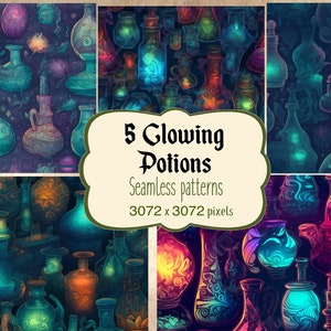 May include: Five seamless patterns featuring glowing potions in various colors and designs. The patterns are 3072 x 3072 pixels.