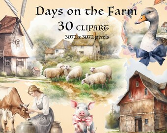 30 Clipart days on the Farm bundle. Cottagecore Vintage PNG. rustic graphics, countryside, rural, farm. Instant download