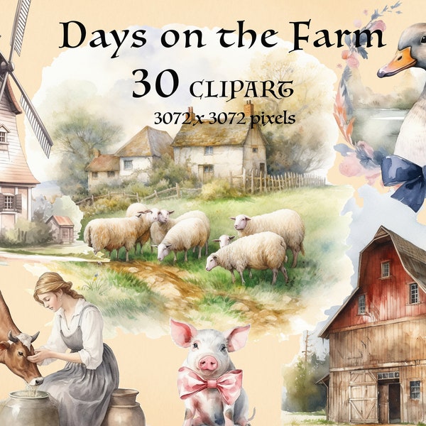 30 Clipart days on the Farm bundle. Cottagecore Vintage PNG. rustic graphics, countryside, rural, farm. Instant download