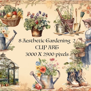 8 Aesthetic Gardening Cottagecore PNG. Akwarela Natychmiastowe pobieranie Clipart. Część 2 Pełne wykorzystanie komercyjne
